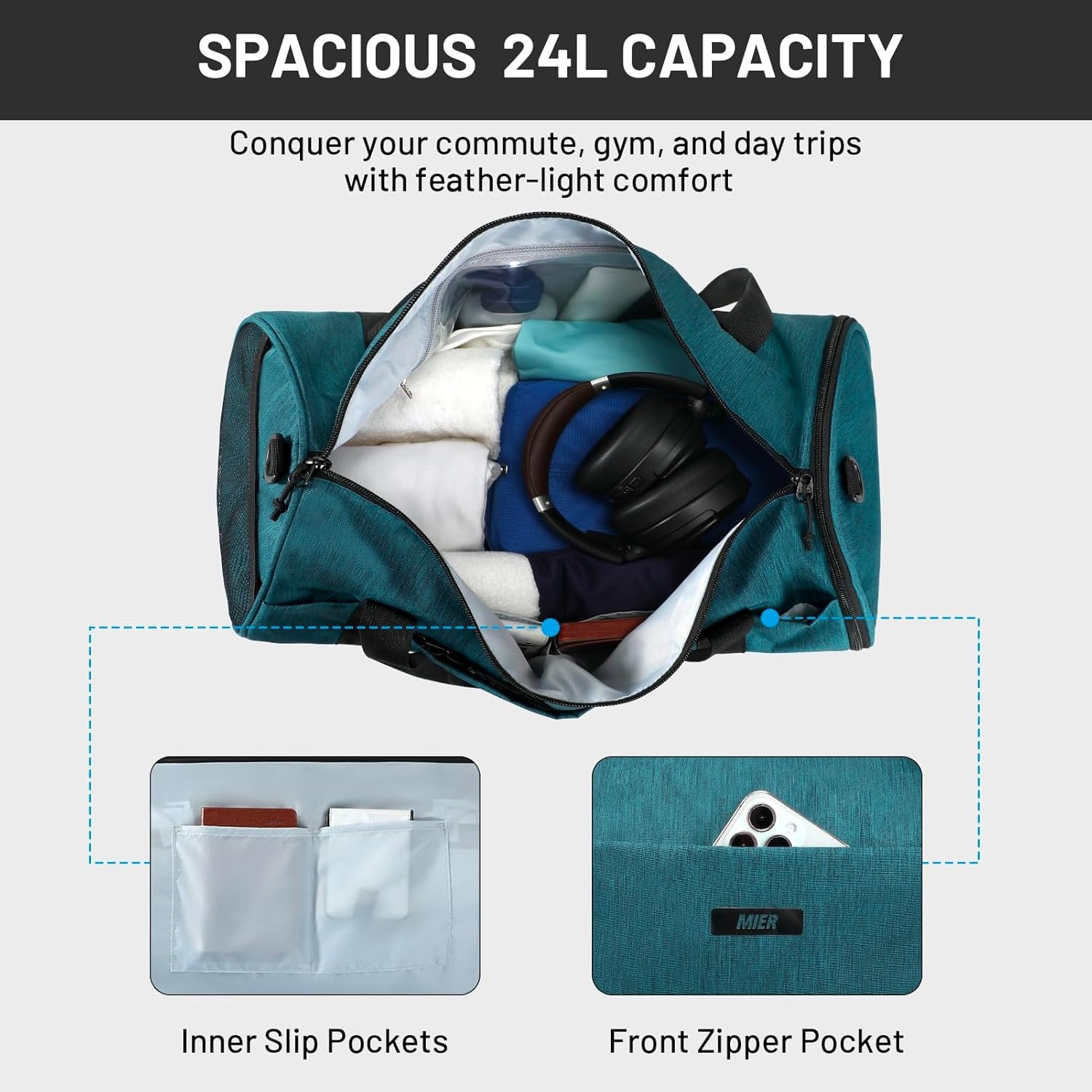 image:imageMIER Gym Bag Round Duffle Bag with Shoe Compartment amp Wet Pocket Lightweight Carry on Duffel for Men Women Workout Fitness Travel Sports 24L Blackdark green