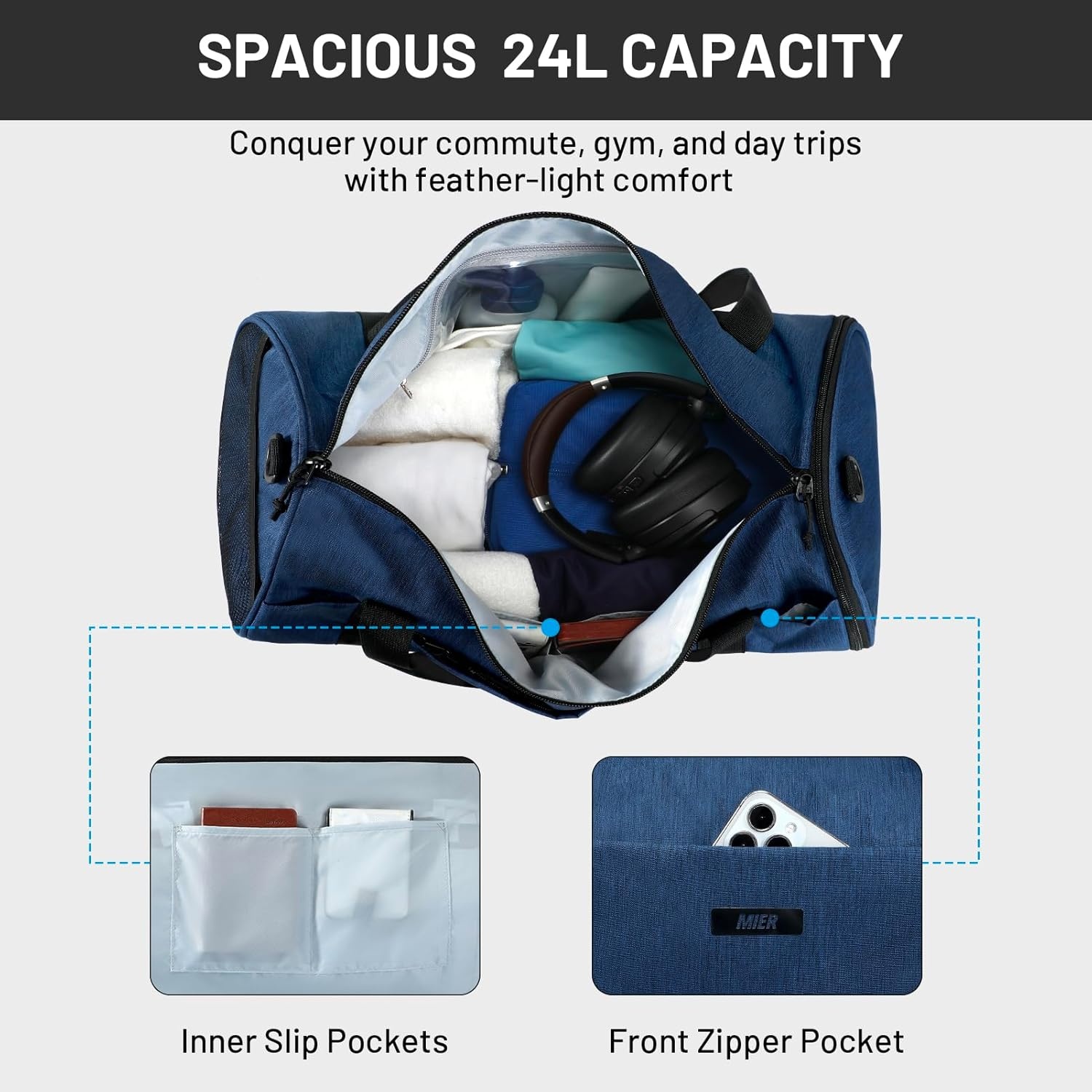 image:imageMIER Gym Bag Round Duffle Bag with Shoe Compartment amp Wet Pocket Lightweight Carry on Duffel for Men Women Workout Fitness Travel Sports 24L Blacknavy blue