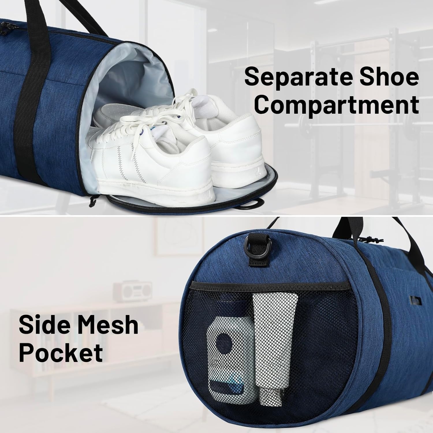 image:imageMIER Gym Bag Round Duffle Bag with Shoe Compartment amp Wet Pocket Lightweight Carry on Duffel for Men Women Workout Fitness Travel Sports 24L Blacknavy blue