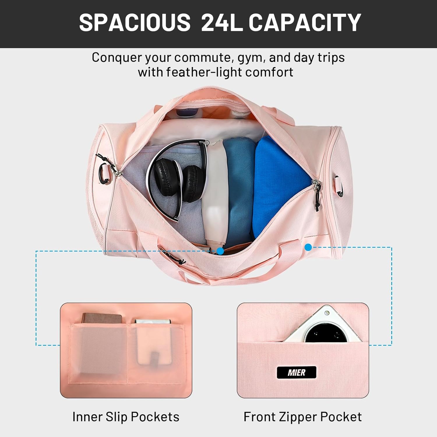 image:imageMIER Gym Bag Round Duffle Bag with Shoe Compartment amp Wet Pocket Lightweight Carry on Duffel for Men Women Workout Fitness Travel Sports 24L Blackpink