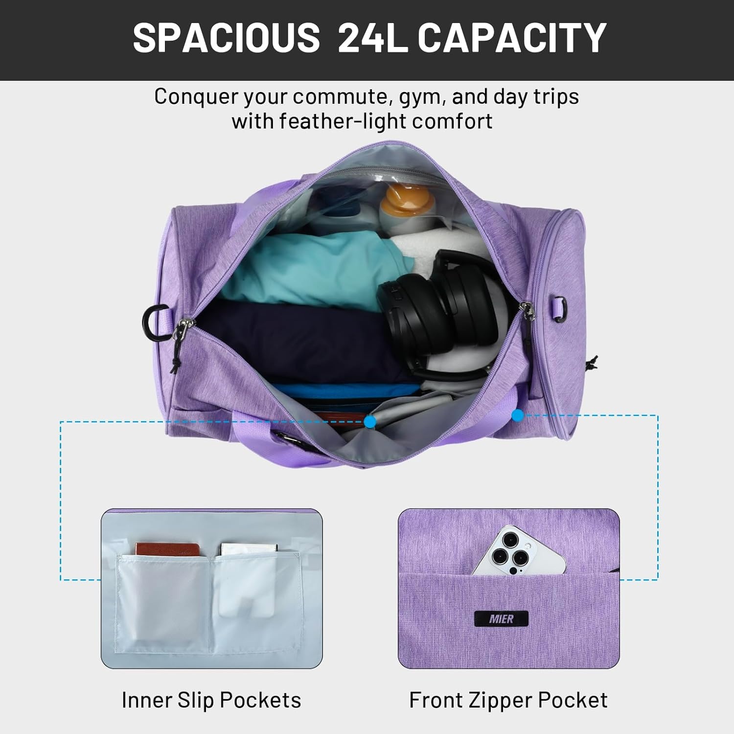 image:imageMIER Gym Bag Round Duffle Bag with Shoe Compartment amp Wet Pocket Lightweight Carry on Duffel for Men Women Workout Fitness Travel Sports 24L Blackpurple