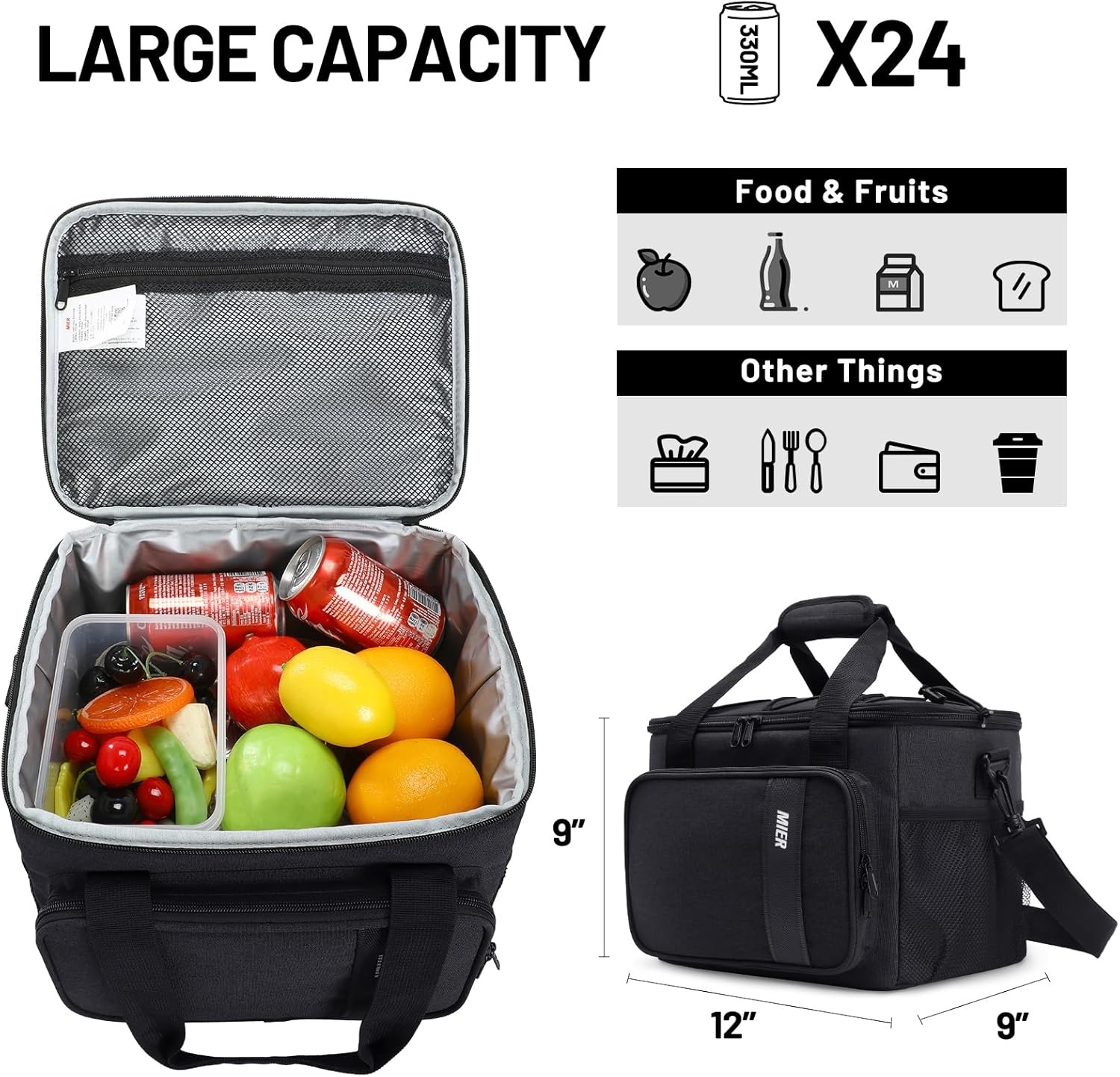 image:imageMIER Mens Lunchbox for Work Insulated 24 Cans15L Large Lunch Bags Leakproof Adult Women Lunch Box Coolers for Travel Beach Picnic Office BlackBlack