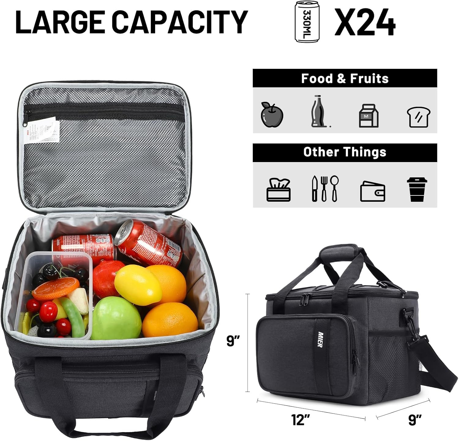 image:imageMIER Mens Lunchbox for Work Insulated 24 Cans15L Large Lunch Bags Leakproof Adult Women Lunch Box Coolers for Travel Beach Picnic Office BlackGray