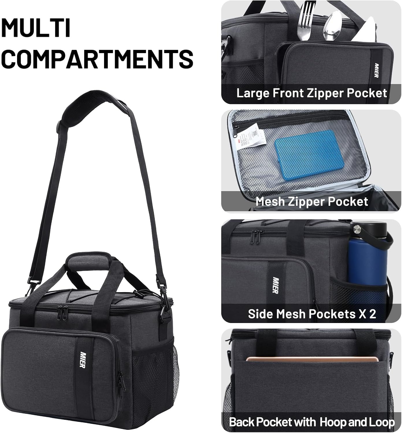 image:imageMIER Mens Lunchbox for Work Insulated 24 Cans15L Large Lunch Bags Leakproof Adult Women Lunch Box Coolers for Travel Beach Picnic Office BlackGray