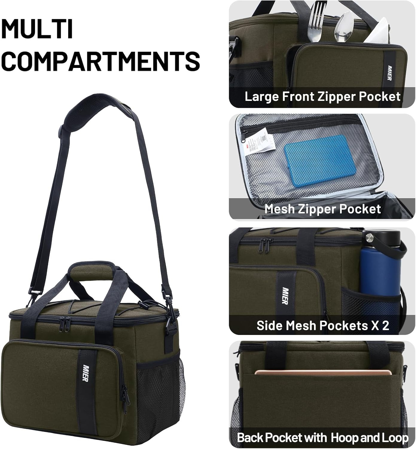 image:imageMIER Mens Lunchbox for Work Insulated 24 Cans15L Large Lunch Bags Leakproof Adult Women Lunch Box Coolers for Travel Beach Picnic Office BlackGreen
