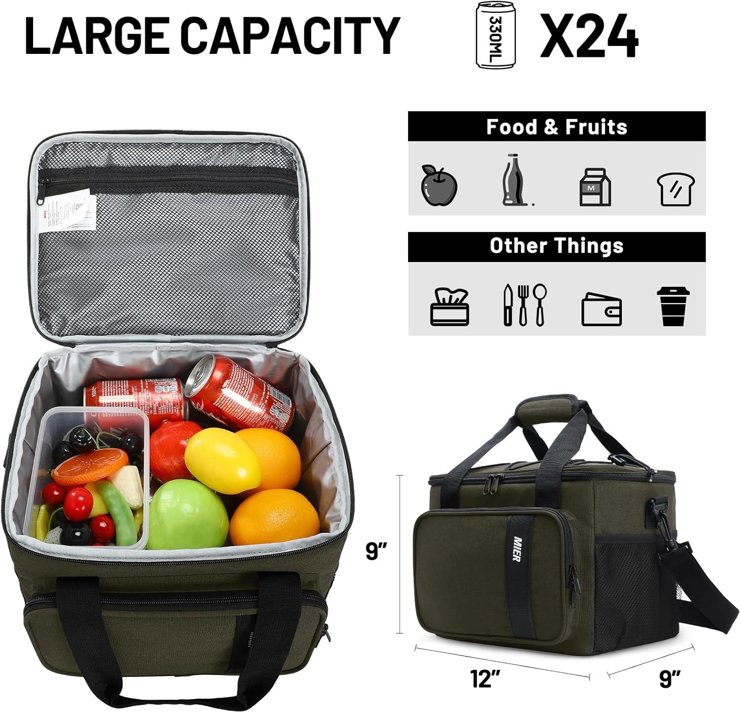 image:imageMIER Mens Lunchbox for Work Insulated 24 Cans15L Large Lunch Bags Leakproof Adult Women Lunch Box Coolers for Travel Beach Picnic Office BlackGreen