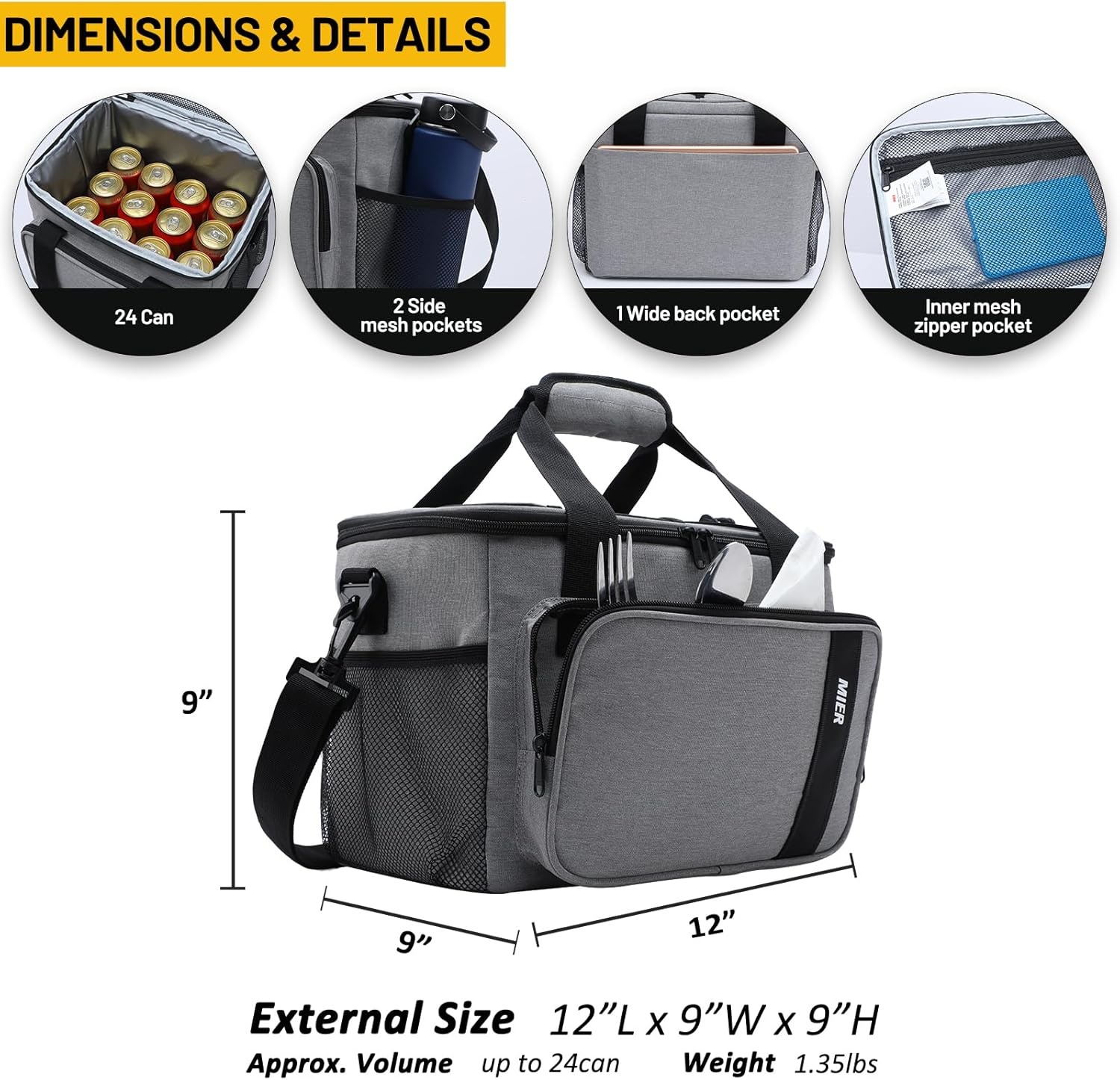 image:imageMIER Mens Lunchbox for Work Insulated 24 Cans15L Large Lunch Bags Leakproof Adult Women Lunch Box Coolers for Travel Beach Picnic Office BlackLight Gray