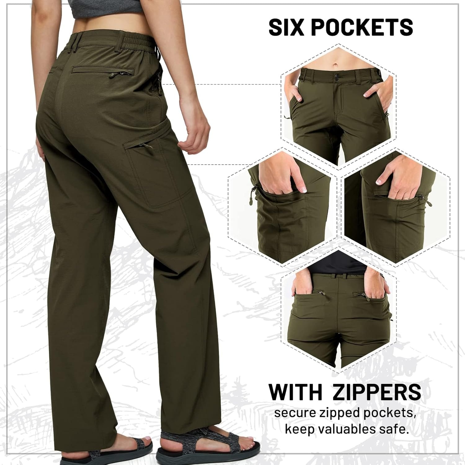 image:imageMIER Womens Quick Dry Cargo Pants Lightweight Tactical Hiking Pants with 6 Pockets Stretchy and WaterResistantArmy Green