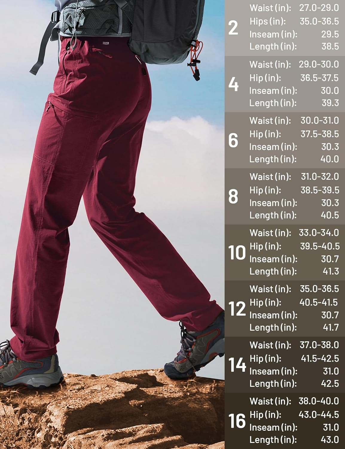 image:imageMIER Womens Quick Dry Cargo Pants Lightweight Tactical Hiking Pants with 6 Pockets Stretchy and WaterResistantMaroon