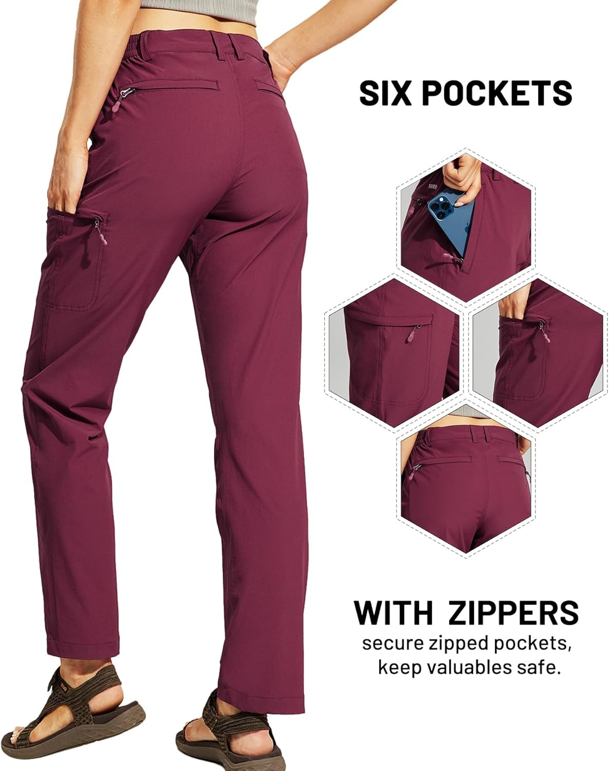 image:imageMIER Womens Quick Dry Cargo Pants Lightweight Tactical Hiking Pants with 6 Pockets Stretchy and WaterResistantMaroon