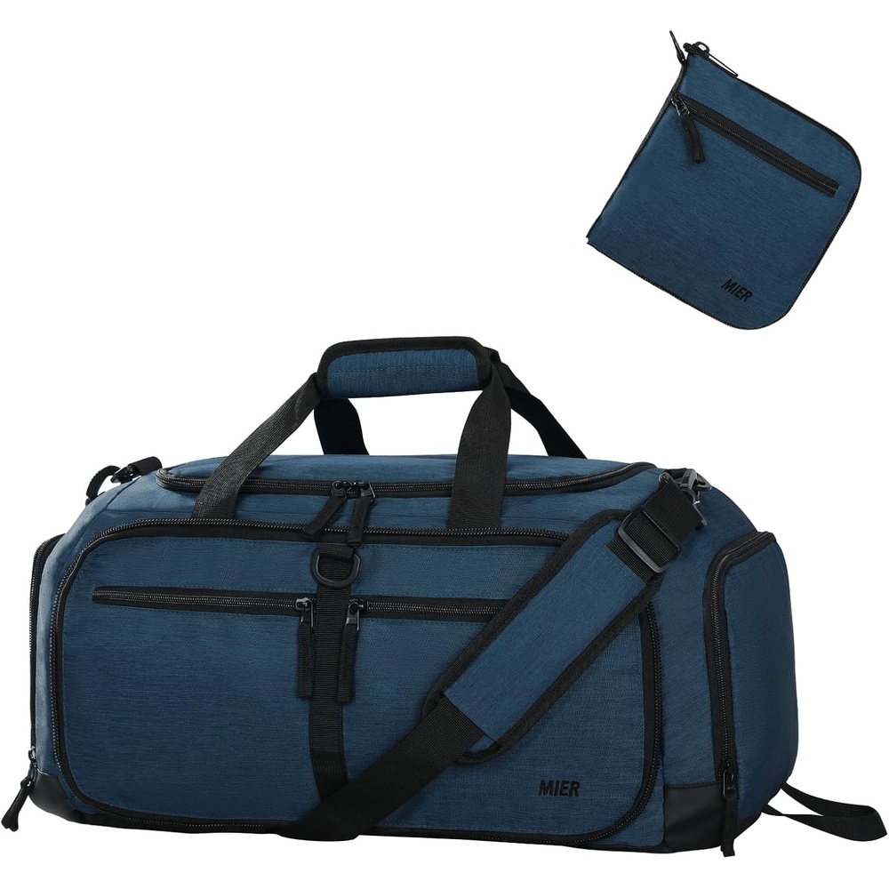 image:imageMIER Foldable Duffle Bag with Shoe Compartment 80L Travel Duffel Bags for Men Women Packable Overnight Bag for Camping Gym Weekender NavyDrak Blue
