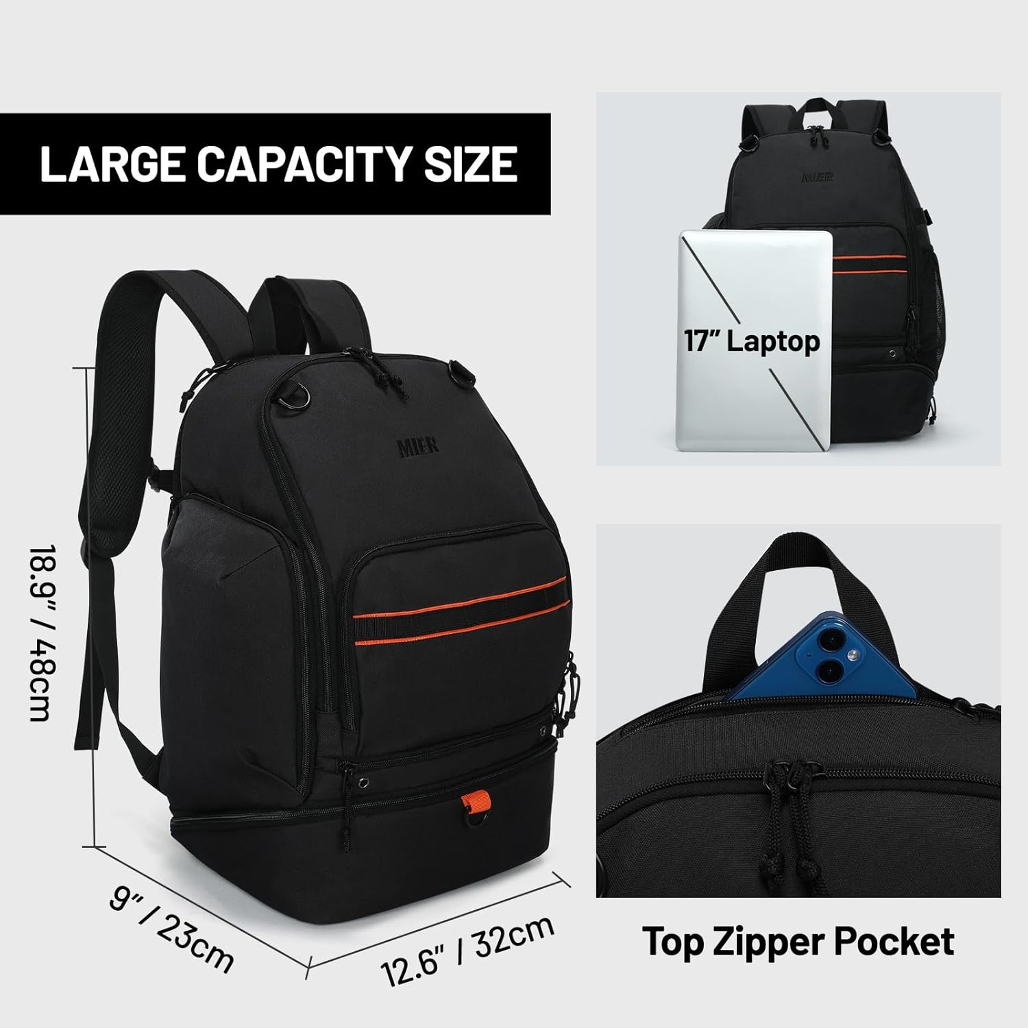 image:imageMIER Basketball Backpack Bags Sports Gym Backpacks with Shoe Compartment and Ball Holder for Adult Men Large Soccer BagBlack