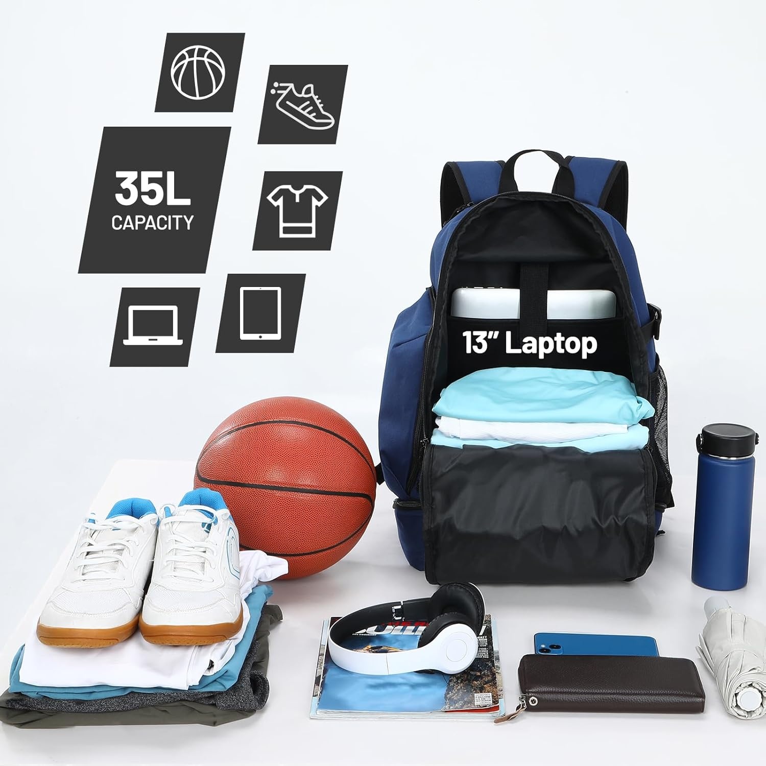 image:imageMIER Basketball Backpack Bags Sports Gym Backpacks with Shoe Compartment and Ball Holder for Adult Men Large Soccer BagDark Blue