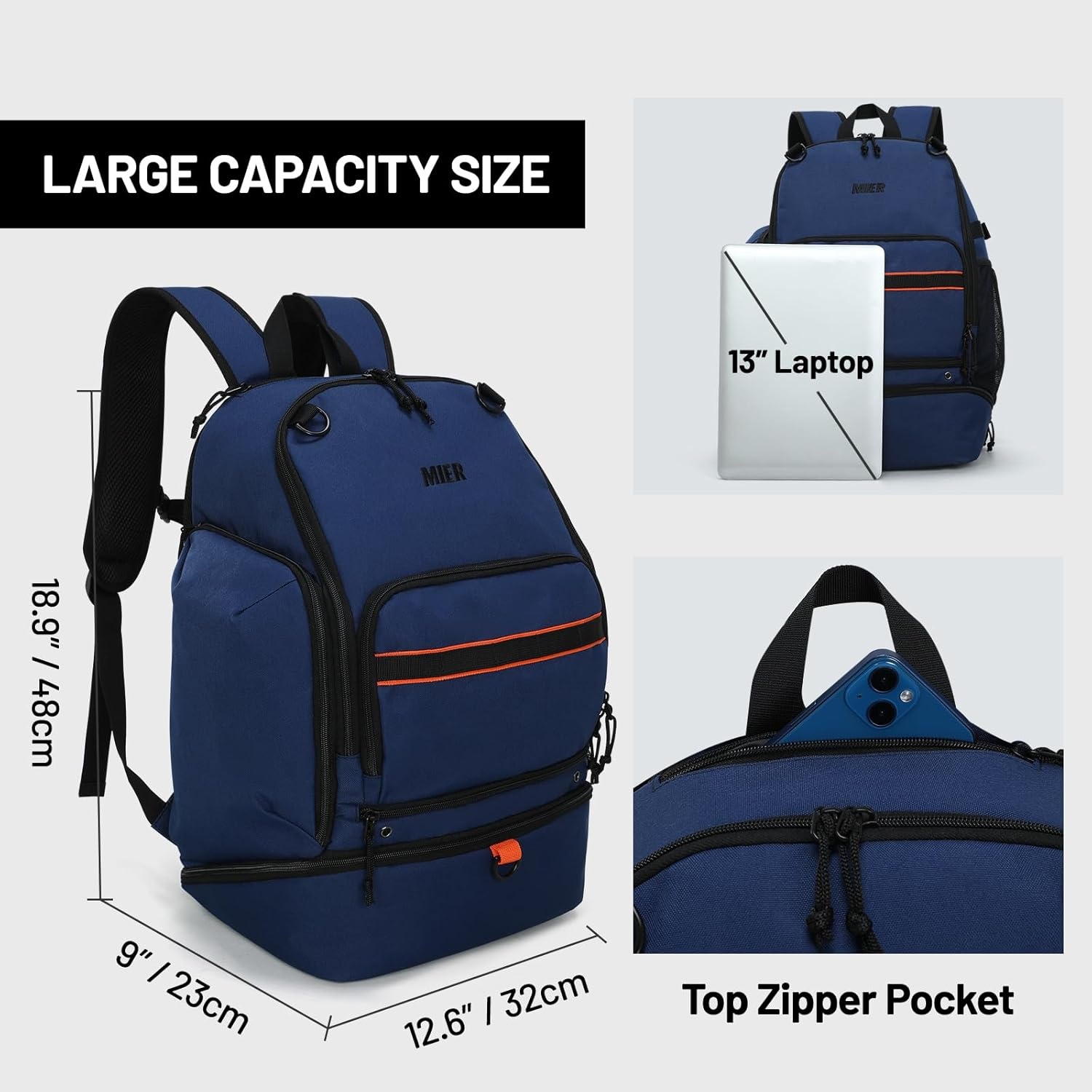image:imageMIER Basketball Backpack Bags Sports Gym Backpacks with Shoe Compartment and Ball Holder for Adult Men Large Soccer BagDark Blue