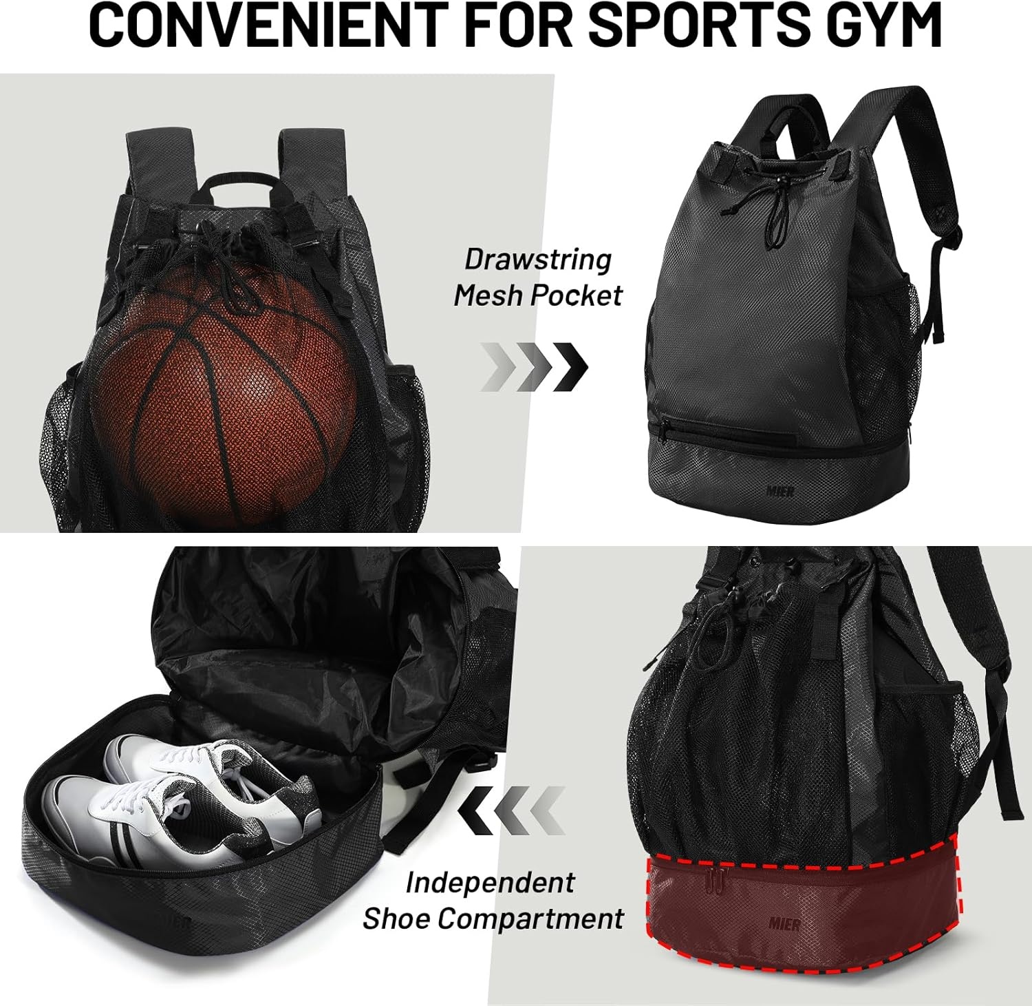 image:imageMIER Drawstring Basketball Backpack Soccer Bag with Shoe Compartment amp Mesh Pocket Sports Gym String Backpack for Women Men LightweightBlack