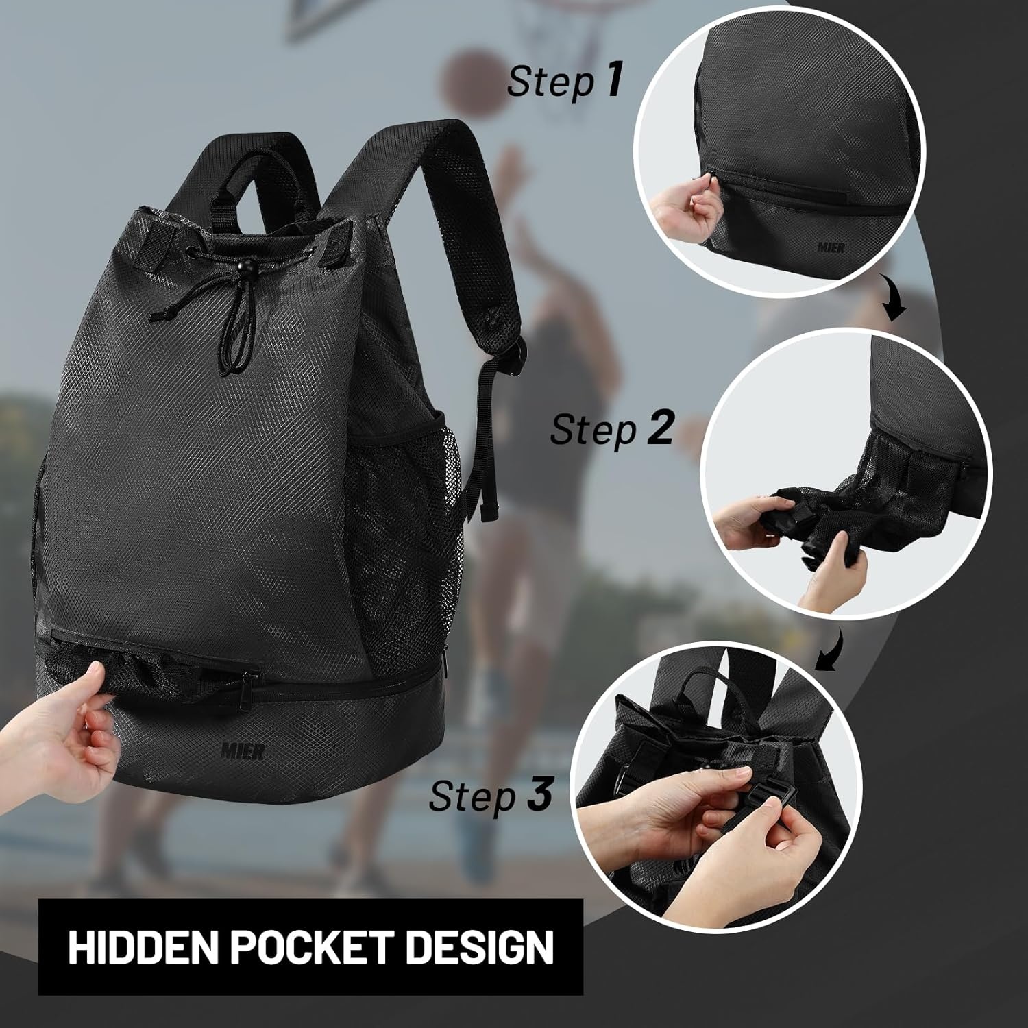 image:imageMIER Drawstring Basketball Backpack Soccer Bag with Shoe Compartment amp Mesh Pocket Sports Gym String Backpack for Women Men LightweightBlack
