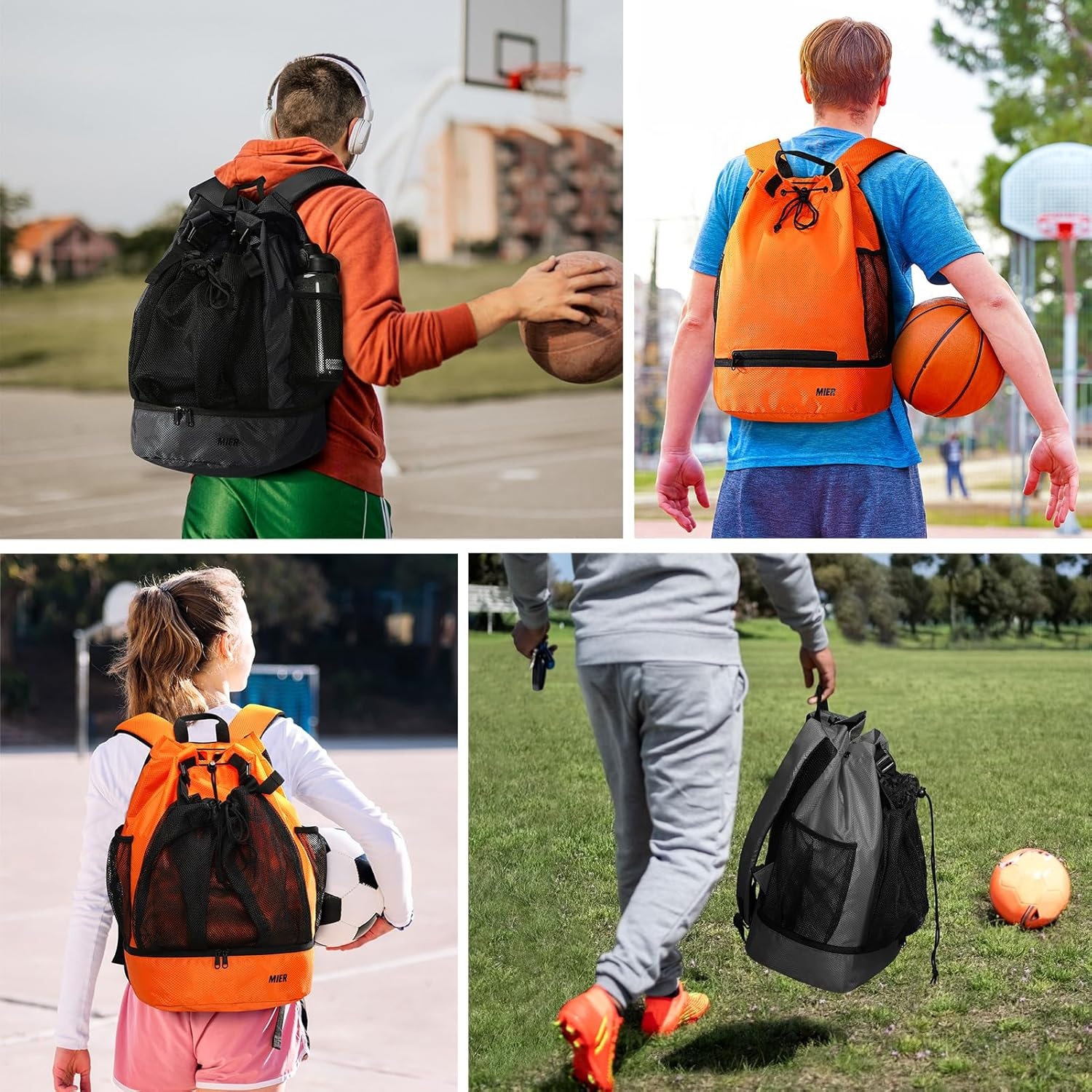 image:imageMIER Drawstring Basketball Backpack Soccer Bag with Shoe Compartment amp Mesh Pocket Sports Gym String Backpack for Women Men LightweightBlack