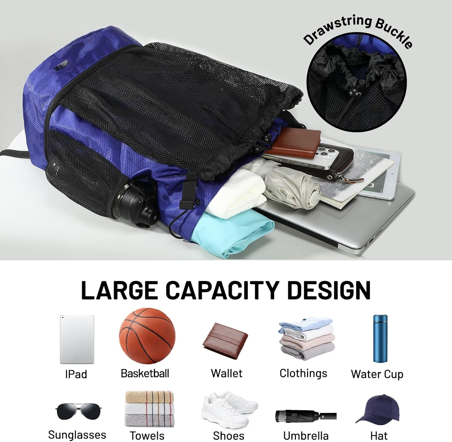 image:imageMIER Drawstring Basketball Backpack Soccer Bag with Shoe Compartment amp Mesh Pocket Sports Gym String Backpack for Women Men LightweightBlue
