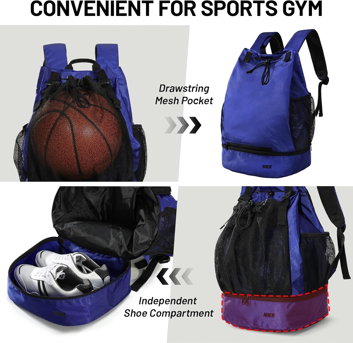 image:imageMIER Drawstring Basketball Backpack Soccer Bag with Shoe Compartment amp Mesh Pocket Sports Gym String Backpack for Women Men LightweightBlue