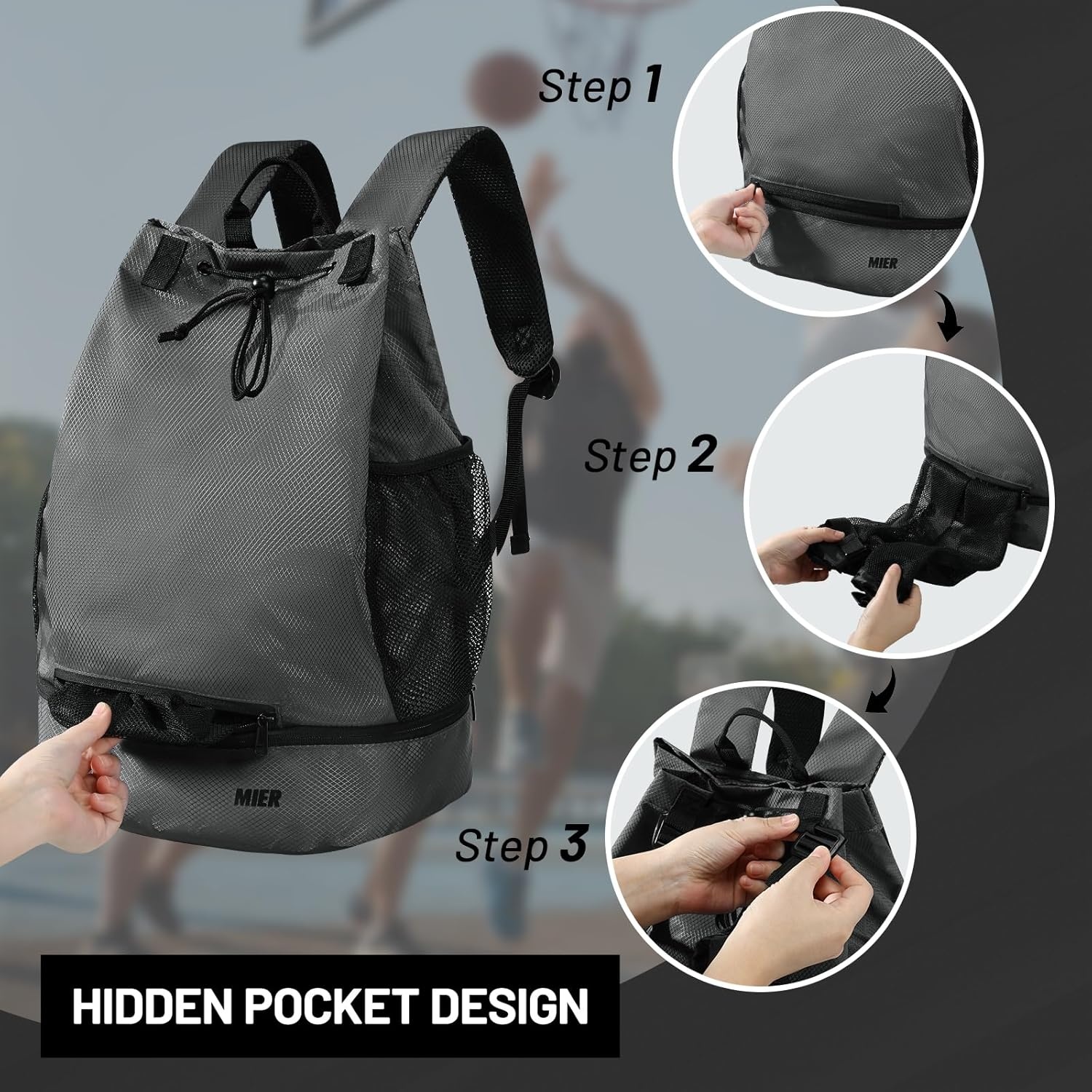 image:imageMIER Drawstring Basketball Backpack Soccer Bag with Shoe Compartment amp Mesh Pocket Sports Gym String Backpack for Women Men LightweightGray