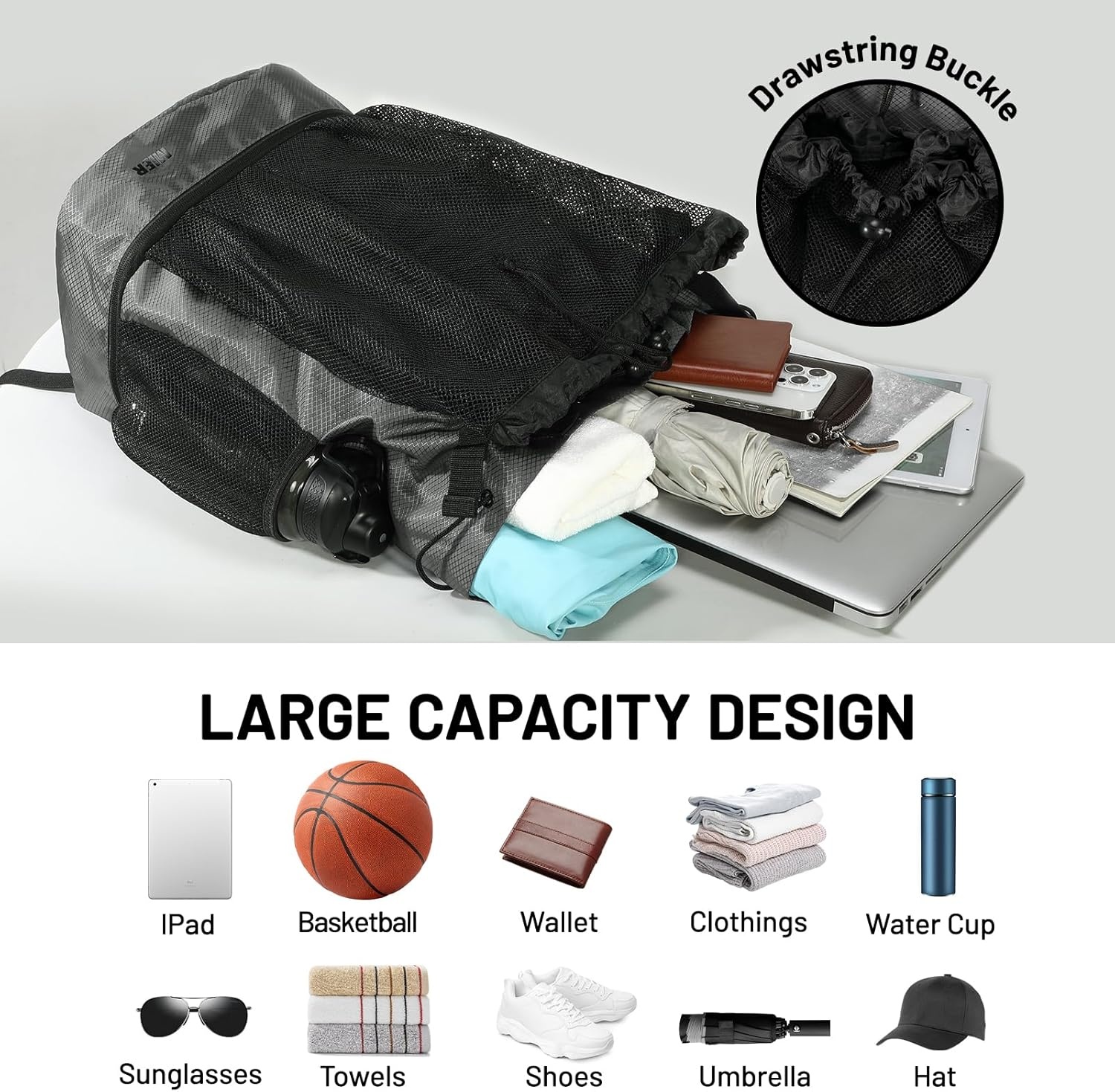 image:imageMIER Drawstring Basketball Backpack Soccer Bag with Shoe Compartment amp Mesh Pocket Sports Gym String Backpack for Women Men LightweightGray