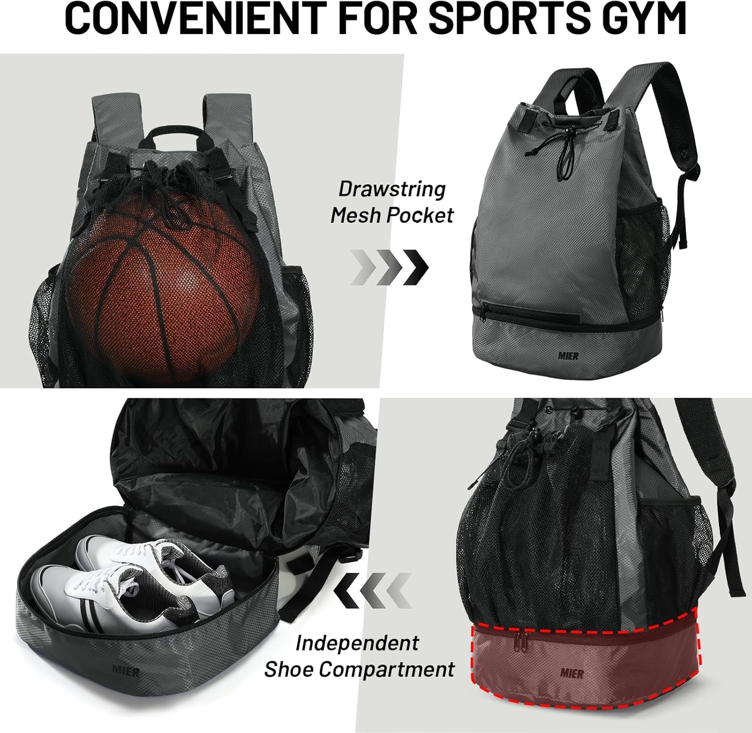 image:imageMIER Drawstring Basketball Backpack Soccer Bag with Shoe Compartment amp Mesh Pocket Sports Gym String Backpack for Women Men LightweightGray