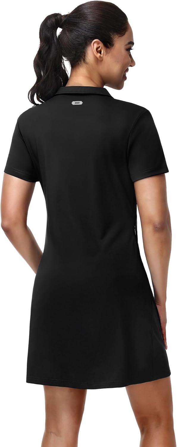 image:imageMIER Golf Dress for Women Short Sleeve V Neck Stretch Athletic Golfing Dresses Active Sports Outfits for Summer Zip PocketBlack