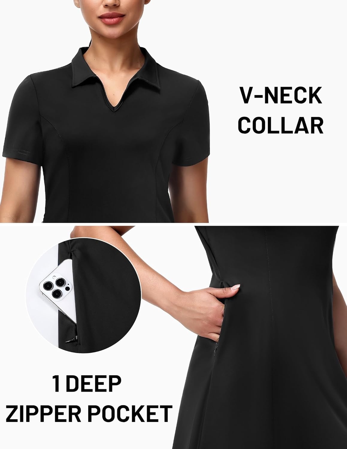 image:imageMIER Golf Dress for Women Short Sleeve V Neck Stretch Athletic Golfing Dresses Active Sports Outfits for Summer Zip PocketBlack