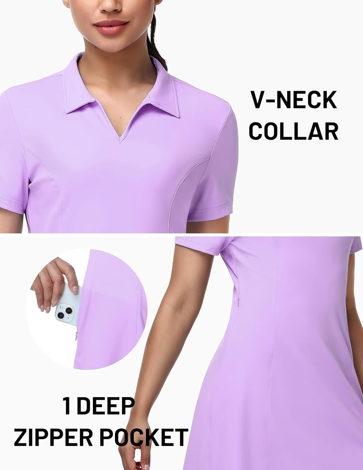 image:imageMIER Golf Dress for Women Short Sleeve V Neck Stretch Athletic Golfing Dresses Active Sports Outfits for Summer Zip PocketLavender