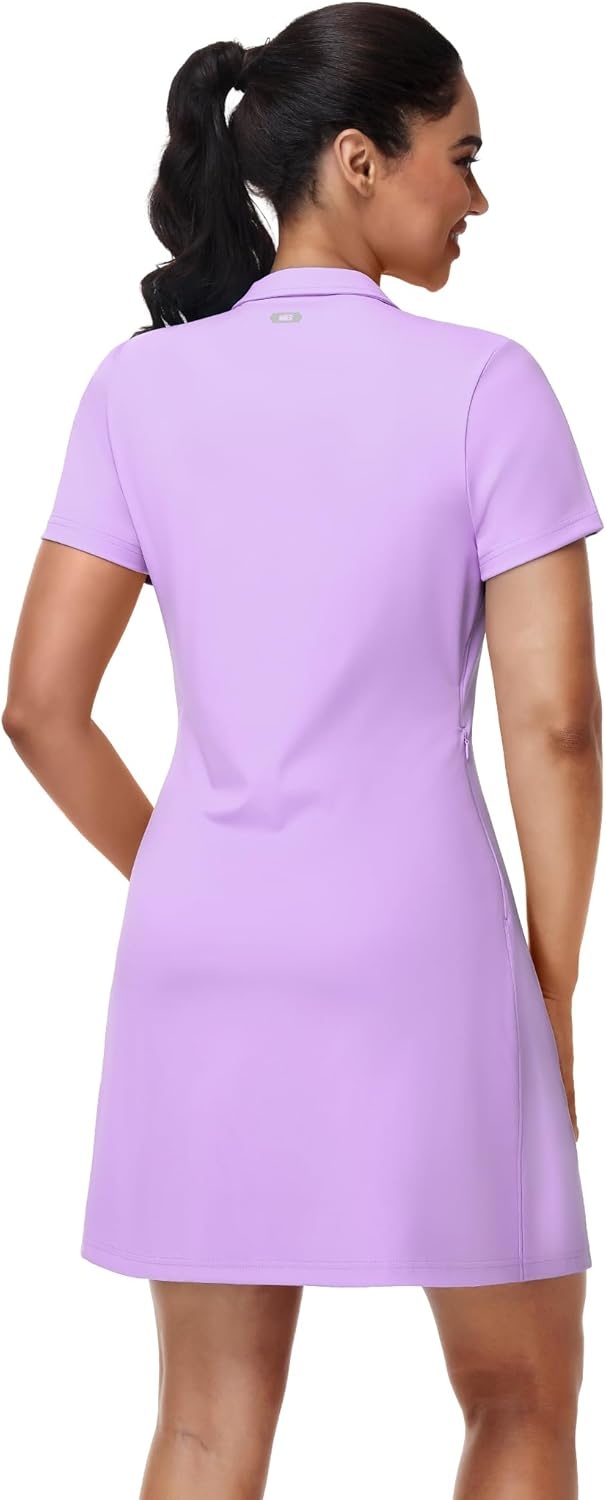 image:imageMIER Golf Dress for Women Short Sleeve V Neck Stretch Athletic Golfing Dresses Active Sports Outfits for Summer Zip PocketLavender