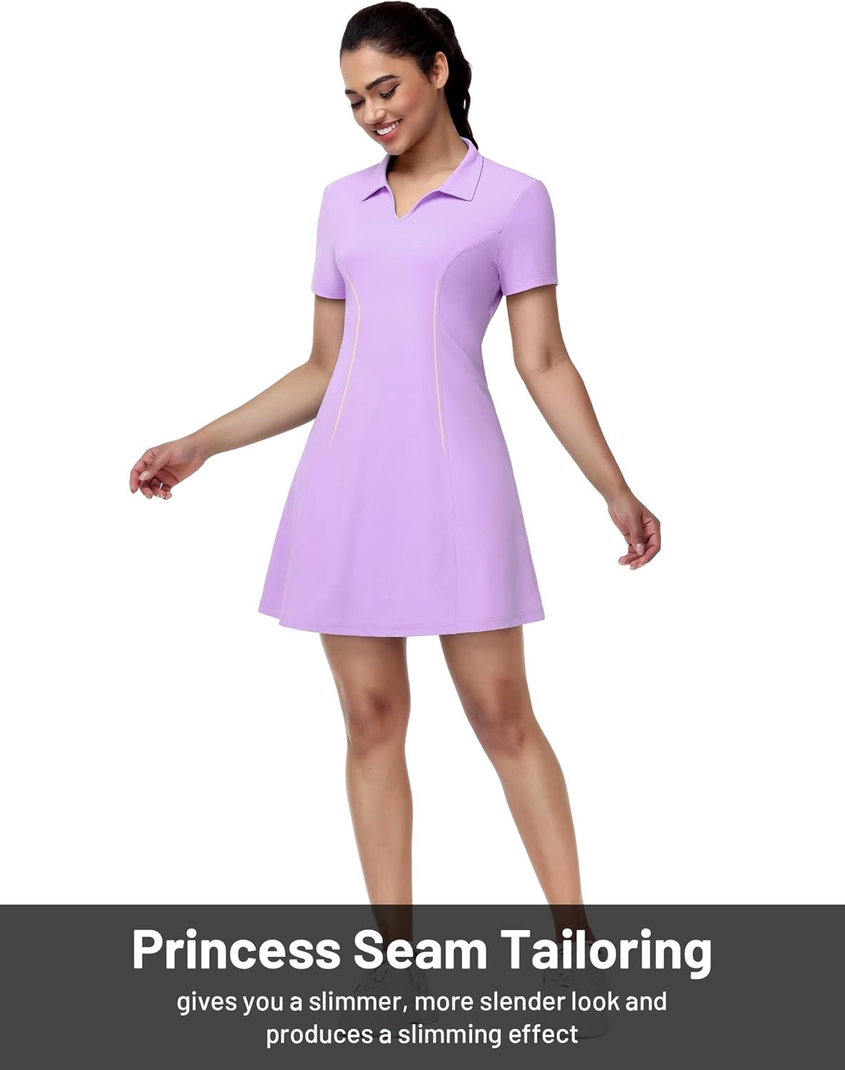 image:imageMIER Golf Dress for Women Short Sleeve V Neck Stretch Athletic Golfing Dresses Active Sports Outfits for Summer Zip PocketLavender