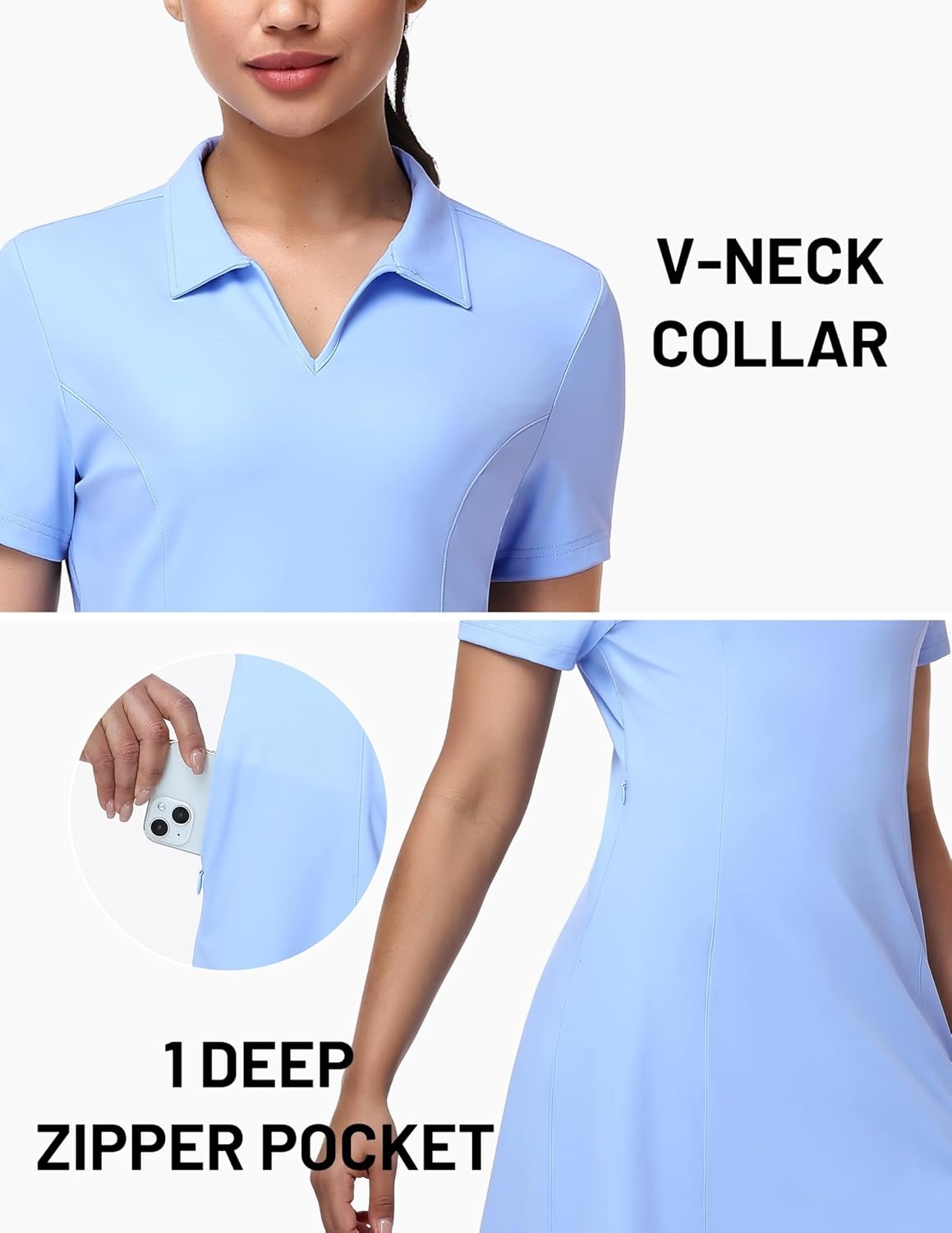 image:imageMIER Golf Dress for Women Short Sleeve V Neck Stretch Athletic Golfing Dresses Active Sports Outfits for Summer Zip PocketLight Blue