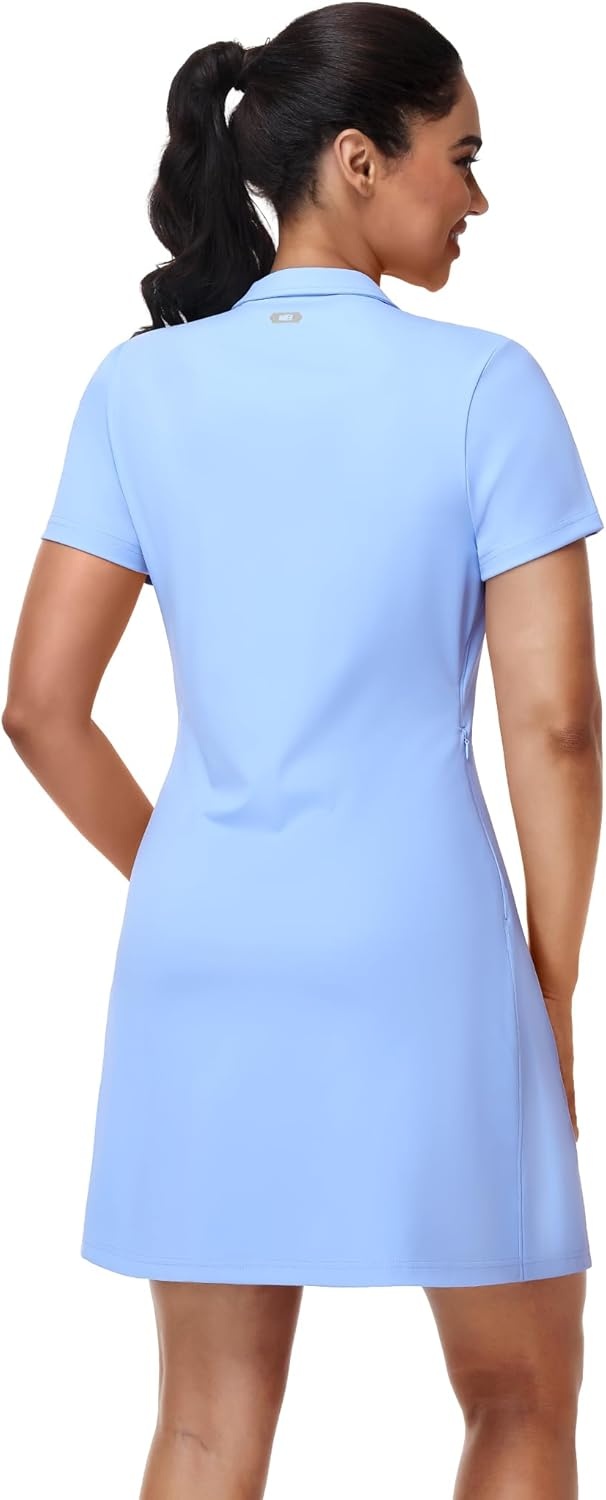 image:imageMIER Golf Dress for Women Short Sleeve V Neck Stretch Athletic Golfing Dresses Active Sports Outfits for Summer Zip PocketLight Blue