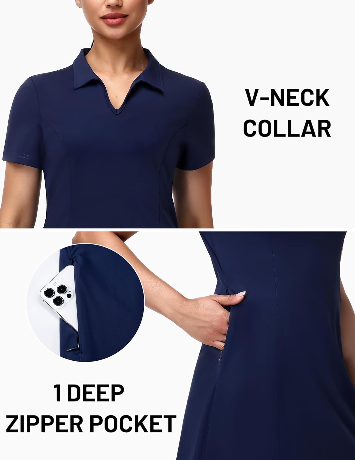 image:imageMIER Golf Dress for Women Short Sleeve V Neck Stretch Athletic Golfing Dresses Active Sports Outfits for Summer Zip PocketNavy