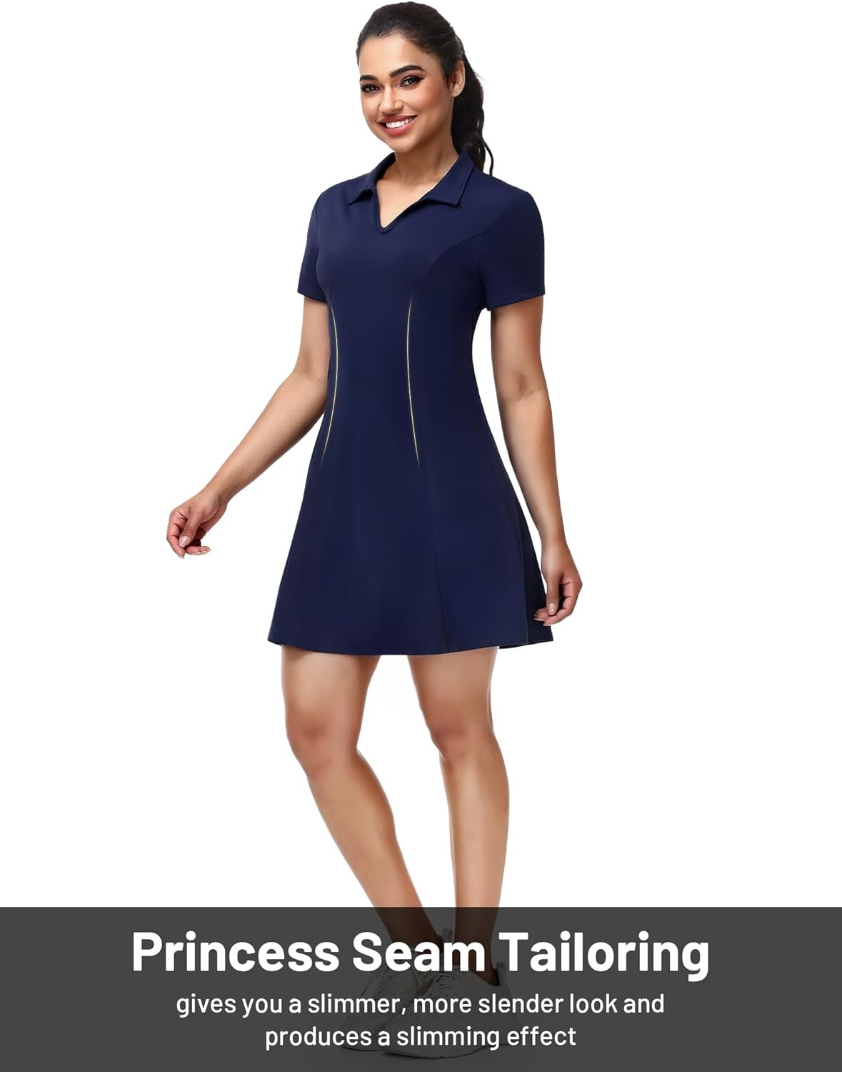 image:imageMIER Golf Dress for Women Short Sleeve V Neck Stretch Athletic Golfing Dresses Active Sports Outfits for Summer Zip PocketNavy