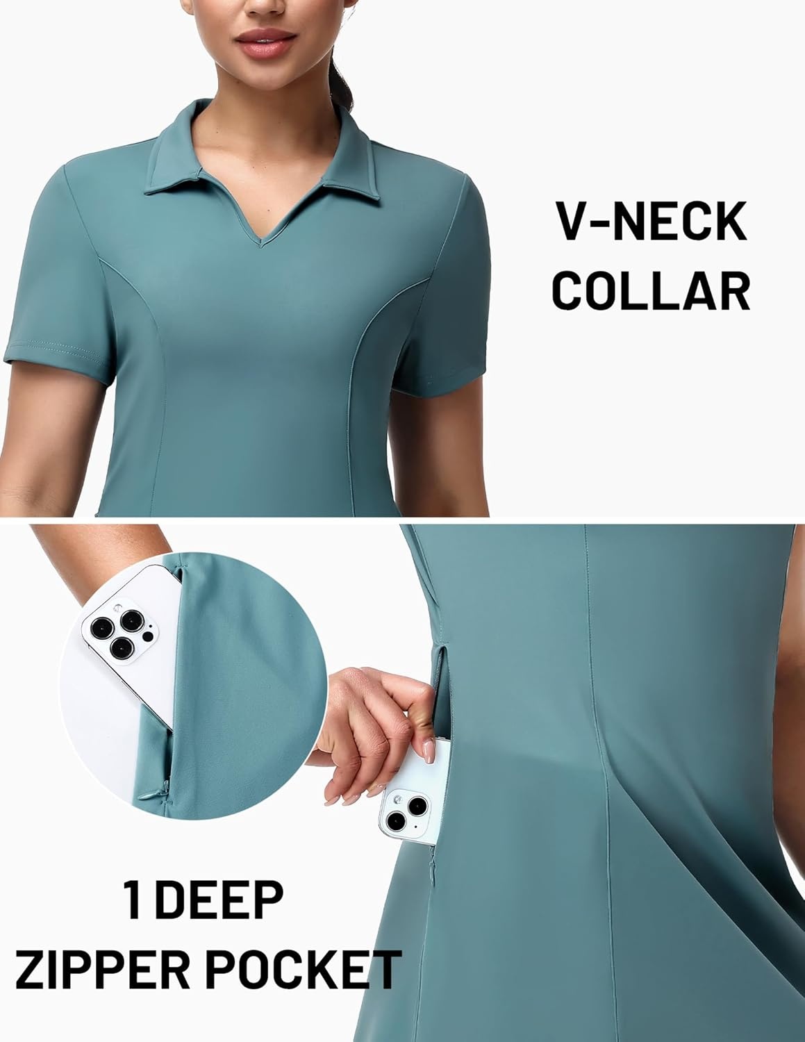 image:imageMIER Golf Dress for Women Short Sleeve V Neck Stretch Athletic Golfing Dresses Active Sports Outfits for Summer Zip PocketTeal Green
