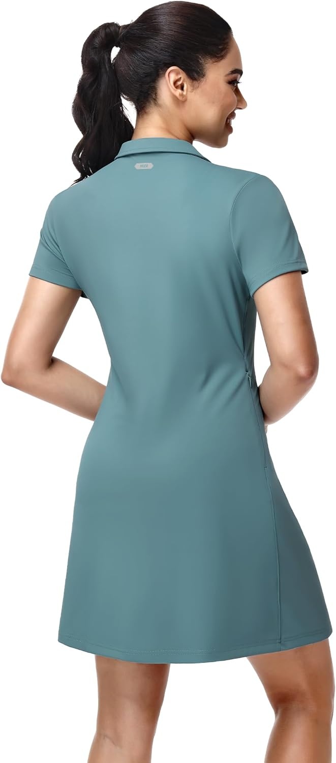 image:imageMIER Golf Dress for Women Short Sleeve V Neck Stretch Athletic Golfing Dresses Active Sports Outfits for Summer Zip PocketTeal Green