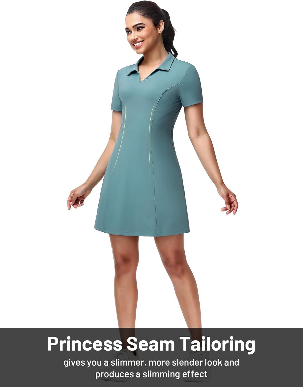 image:imageMIER Golf Dress for Women Short Sleeve V Neck Stretch Athletic Golfing Dresses Active Sports Outfits for Summer Zip PocketTeal Green