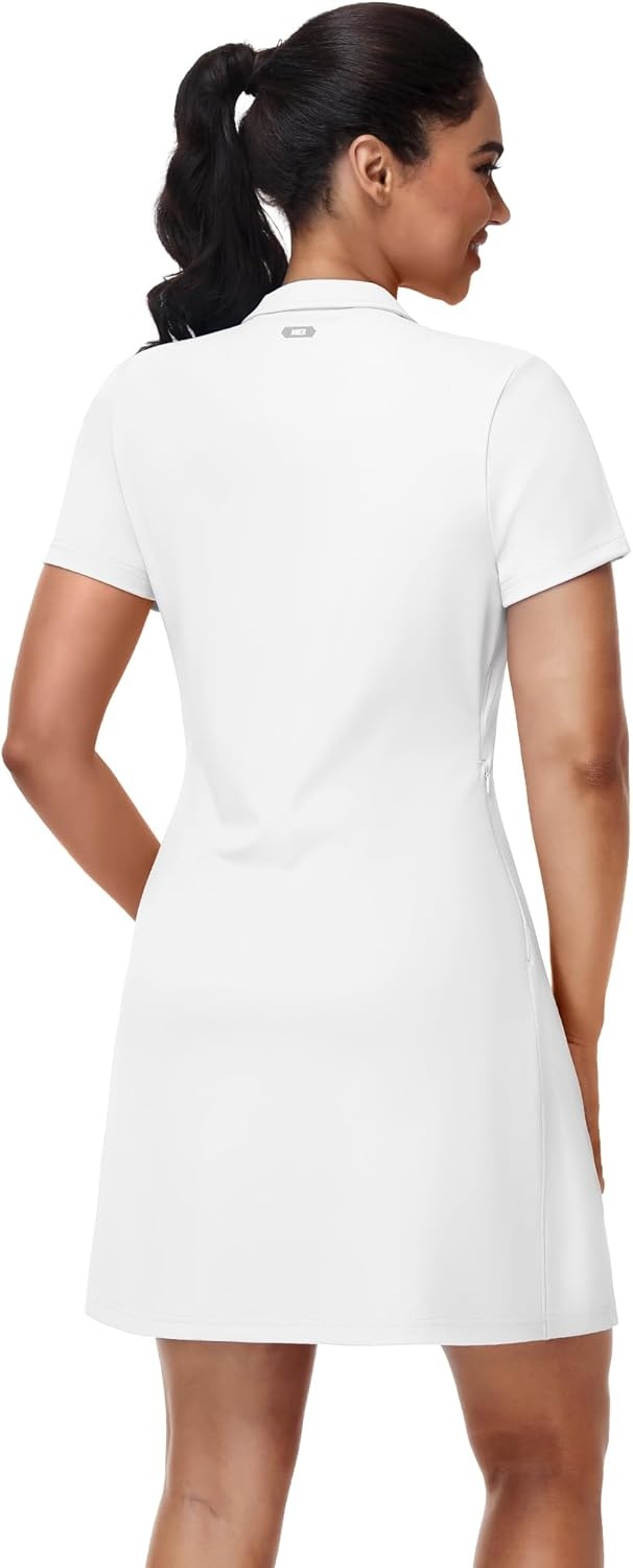 image:imageMIER Golf Dress for Women Short Sleeve V Neck Stretch Athletic Golfing Dresses Active Sports Outfits for Summer Zip PocketWhite