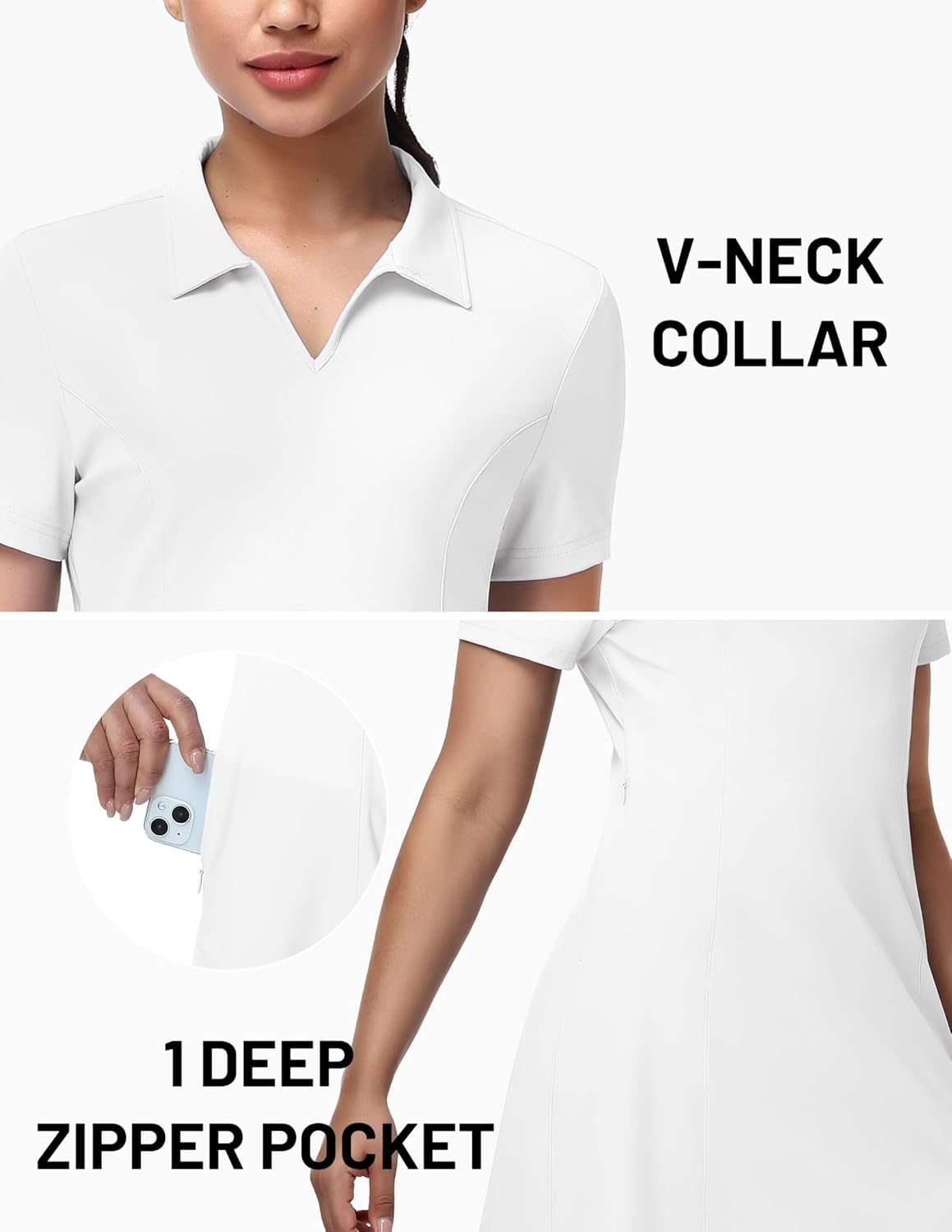 image:imageMIER Golf Dress for Women Short Sleeve V Neck Stretch Athletic Golfing Dresses Active Sports Outfits for Summer Zip PocketWhite