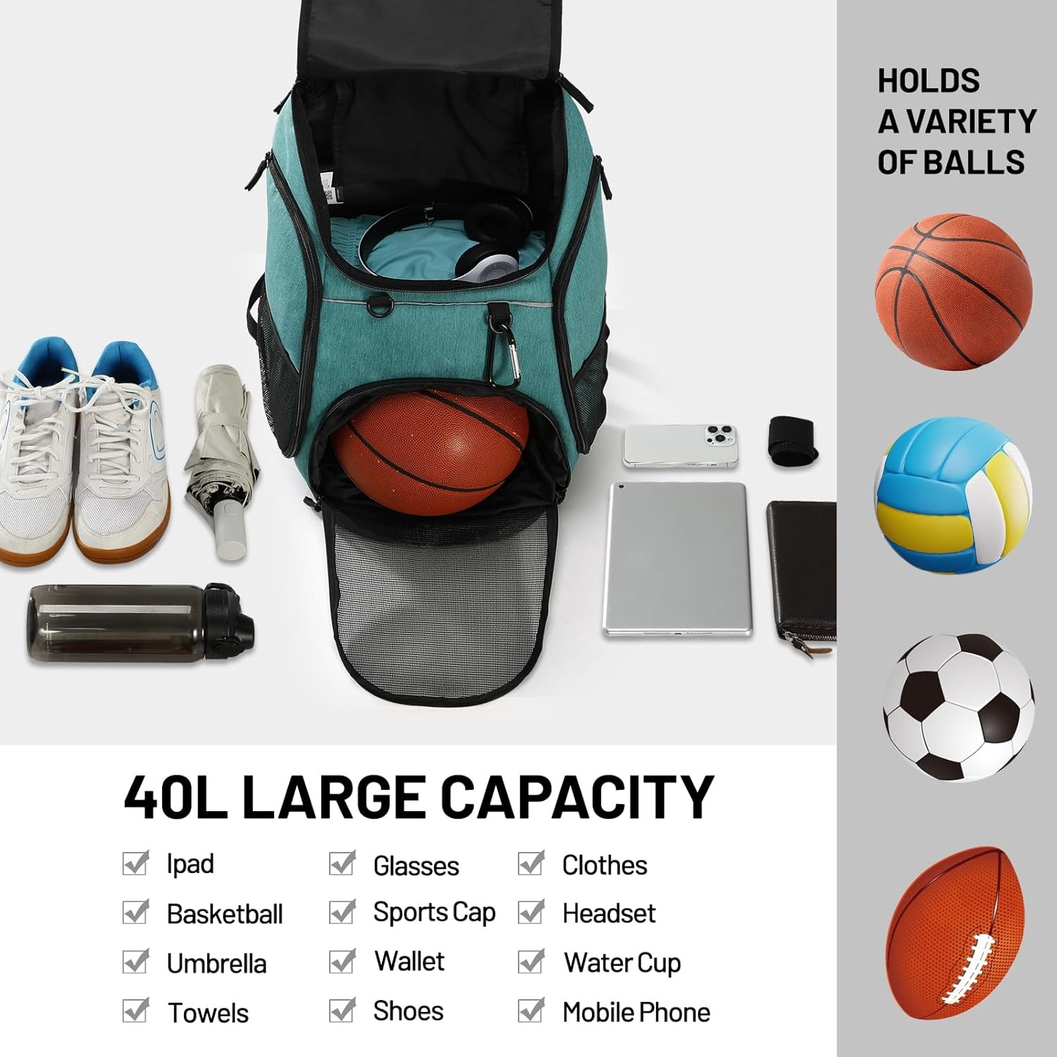 image:imageMIER Gym Backpack 40L Basketball Backpack with Ball Compartment amp Shoes Storage MultiFunctional Sports Soccer Bag Large Equipment Back Pack Volleyball Backpacks for Men WomenLight Green