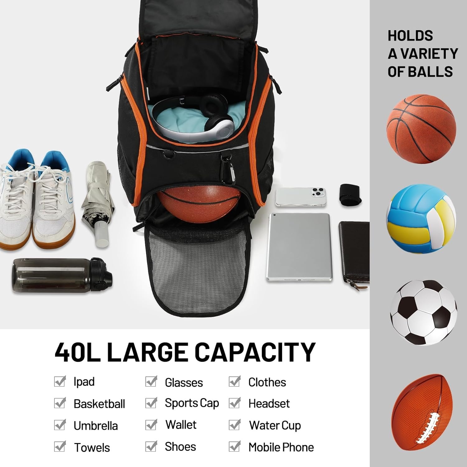 image:imageMIER Gym Backpack 40L Basketball Backpack with Ball Compartment amp Shoes Storage MultiFunctional Sports Soccer Bag Large Equipment Back Pack Volleyball Backpacks for Men WomenBlack
