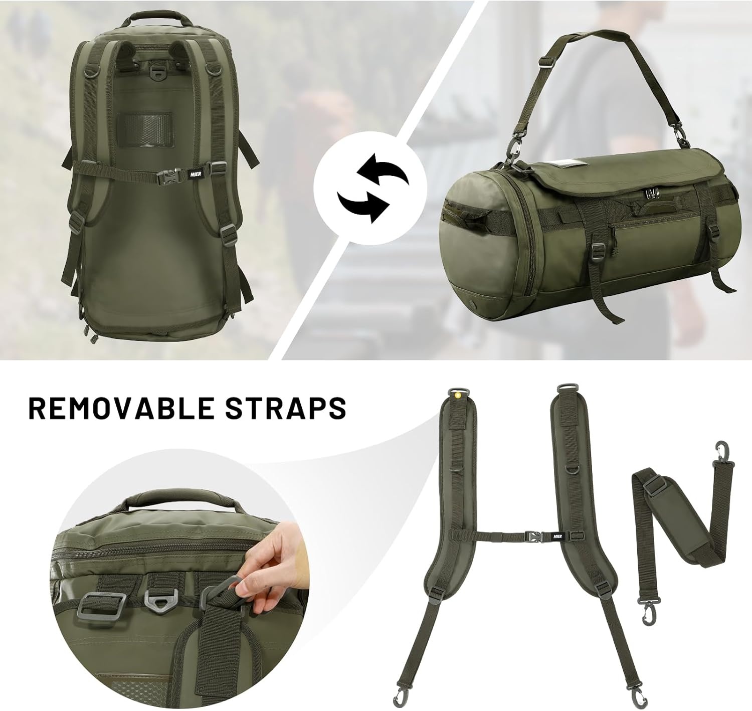 image:imageMIER Large Duffel Backpack Sports Gym Bag with Shoe Compartment Heavy Duty and Water Resistant Dark Green 60LDark Green