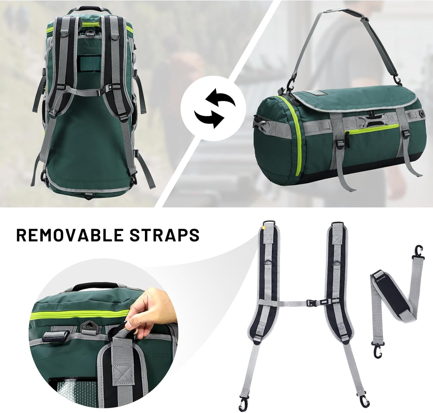 image:imageMIER Large Duffel Backpack Sports Gym Bag with Shoe Compartment Heavy Duty and Water Resistant Dark Green 60LGreen