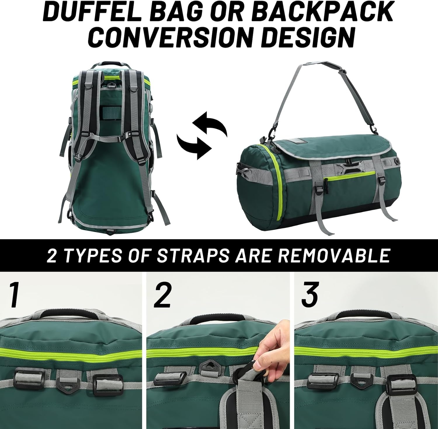 image:imageMIER Large Duffel Backpack Sports Gym Bag with Shoe Compartment Heavy Duty and Water Resistant Dark Green 60LGreen