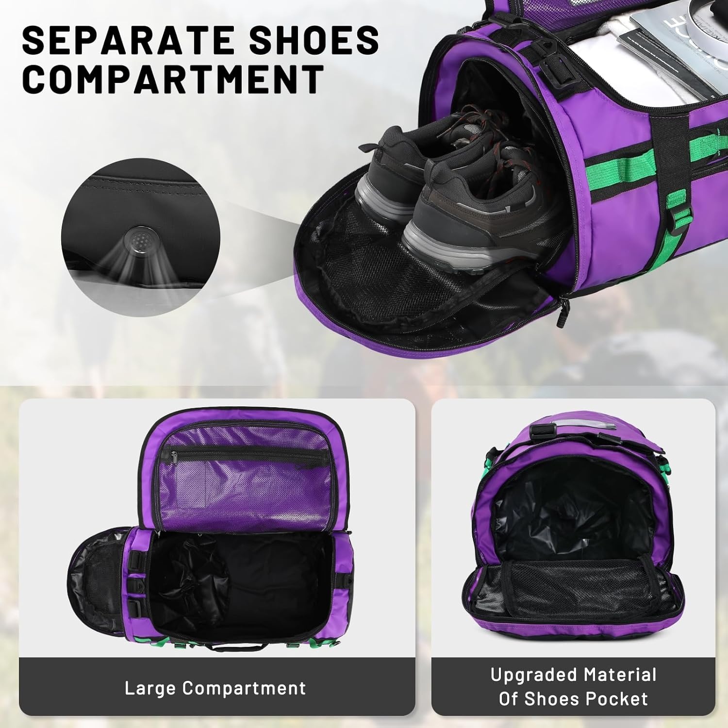 image:imageMIER Large Duffel Backpack Sports Gym Bag with Shoe Compartment Heavy Duty and Water Resistant Dark Green 60LPurple