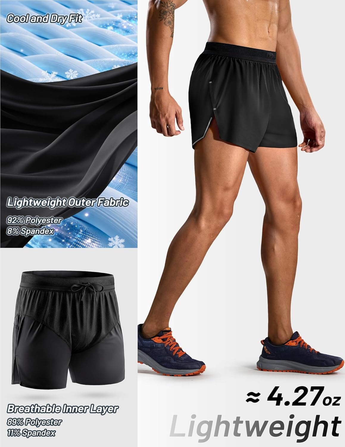 image:imageMIER Limitless Mens 25 Lightweight Marathon Running Shorts Quick Dry Cooling Racing Shorts with Pocket BriefLinedBlack
