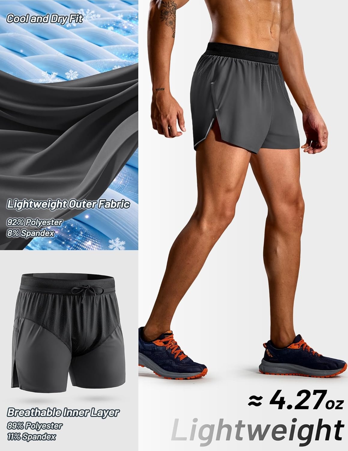 image:imageMIER Limitless Mens 25 Lightweight Marathon Running Shorts Quick Dry Cooling Racing Shorts with Pocket BriefLinedDark Grey
