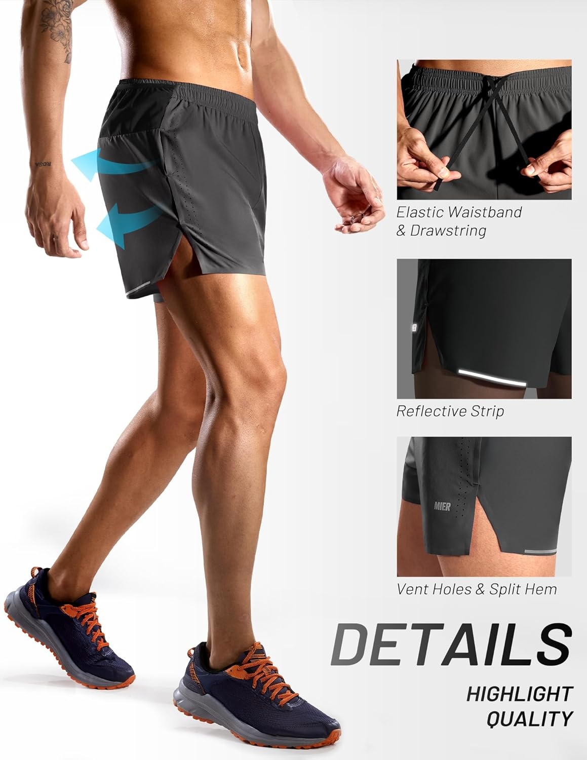 image:imageMIER Limitless Mens 35 Running Shorts Quick Dry BriefLined Marathon Racing Shorts with Pockets PackableDark Grey