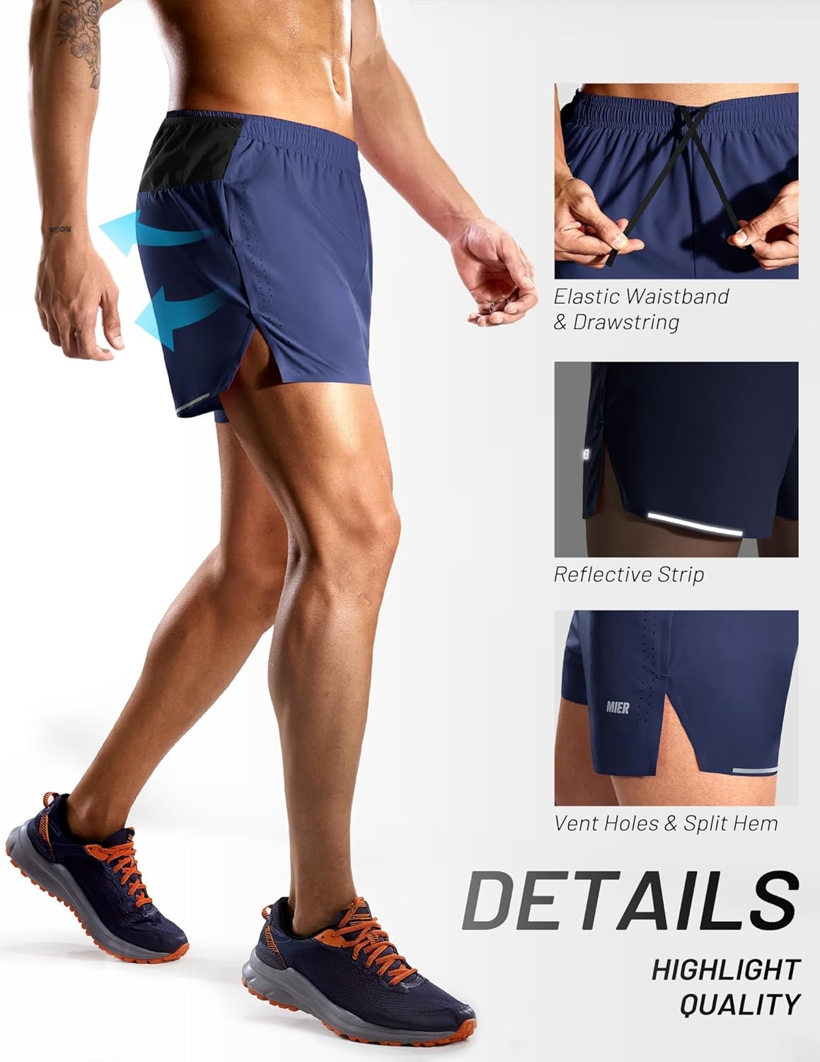 image:imageMIER Limitless Mens 35 Running Shorts Quick Dry BriefLined Marathon Racing Shorts with Pockets PackableNavy